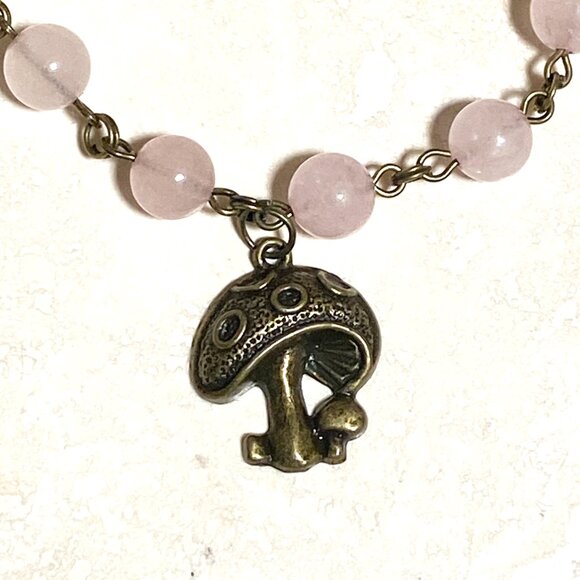 Natural Pink Rose Quartz Necklace, Bronze Round Mushroom+Genuine Gemstone Choker - Picture 6 of 14